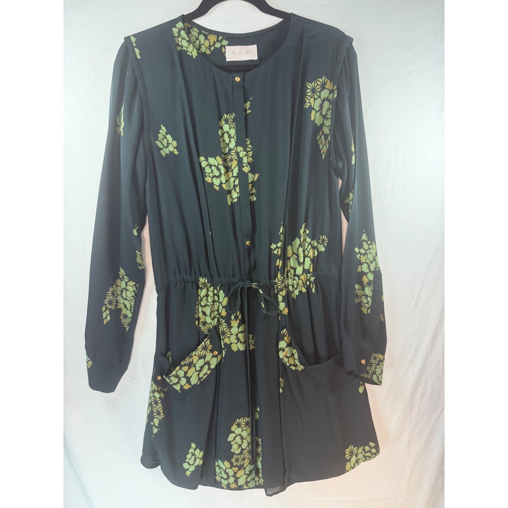 A.L.C. Silk Floral Mini Dress Green Long Sleeve Drawstring Waist Pockets Size S